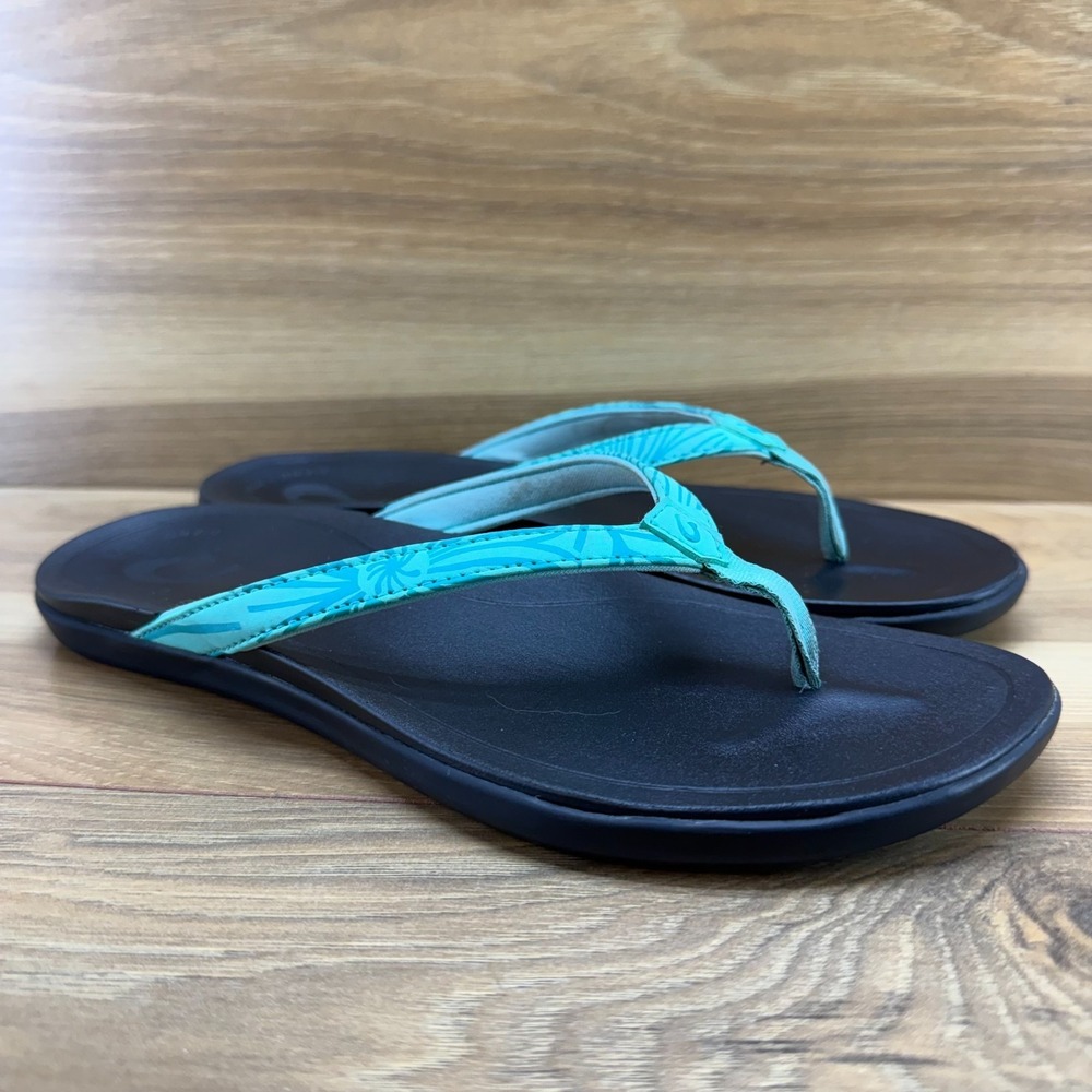 Olukai HO'OPIO Flip Flops Womens 7 Teal Floral Thong Beach Resort Sandals